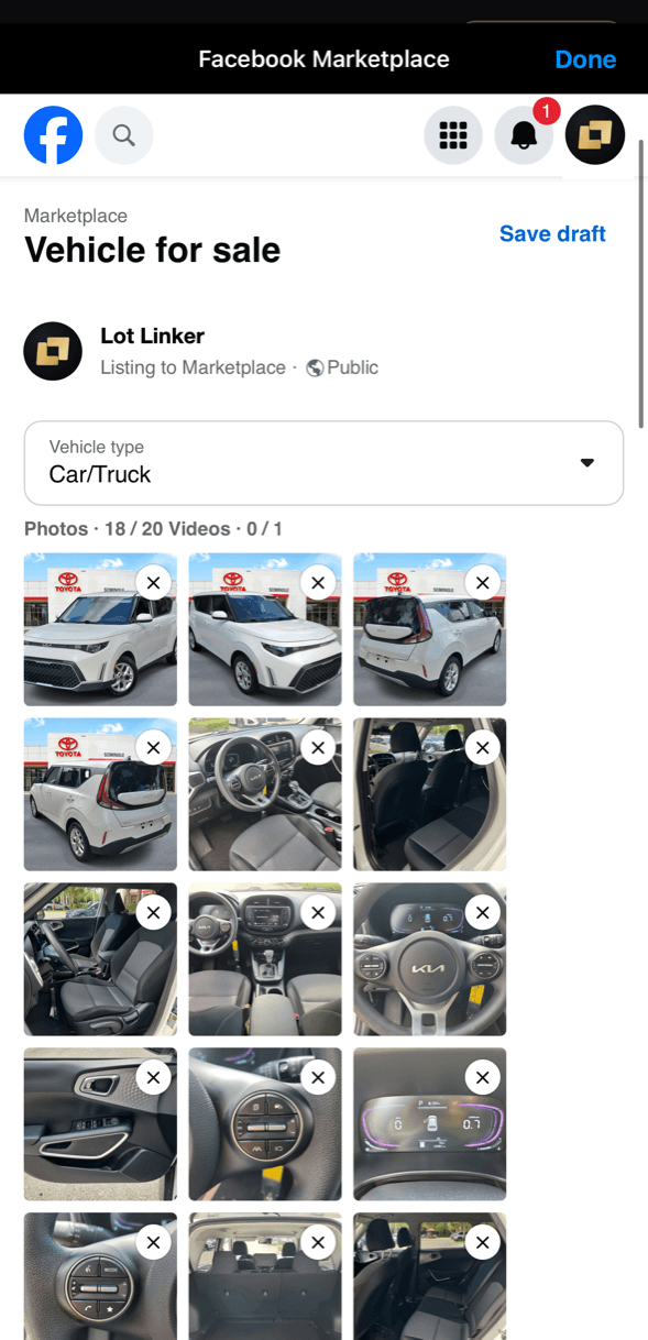 Facebook Marketplace vehicle listing prefilled by Lot Linker, ready to review and post